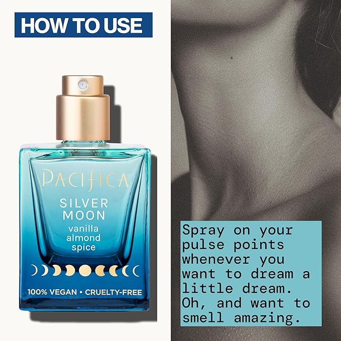 Pacifica Silver Moon Perfume 1oz – Long-Lasting Warm Vanilla & Almond Clean Fragrance for Women Vegan, Cruelty-Free, Essential Oils, Non Toxic