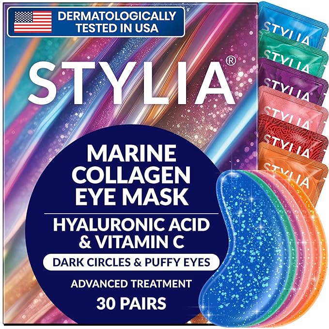 Stylia Collagen & Vitamin C Under Eye Patches for Puffy Eyes & Dark Circles - Depuffing, Hydrating & Firming Under Eye Mask with Hyaluronic Acid - Stocking Stuffers for Teen Girls, Vegan (30 Pairs)