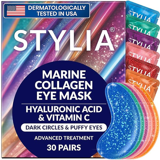 Stylia Collagen & Vitamin C Under Eye Patches for Puffy Eyes & Dark Circles - Depuffing, Hydrating & Firming Under Eye Mask with Hyaluronic Acid - Stocking Stuffers for Teen Girls, Vegan (30 Pairs)
