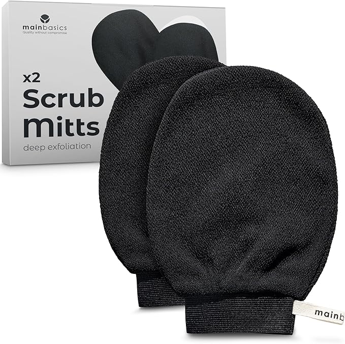 MainBasics Korean Exfoliating Mitts (2-Pack) Deep Cleansing Body Scrubbers for Dead Skin Removal, Spray Tan Prep & Keratosis Pilaris Treatment