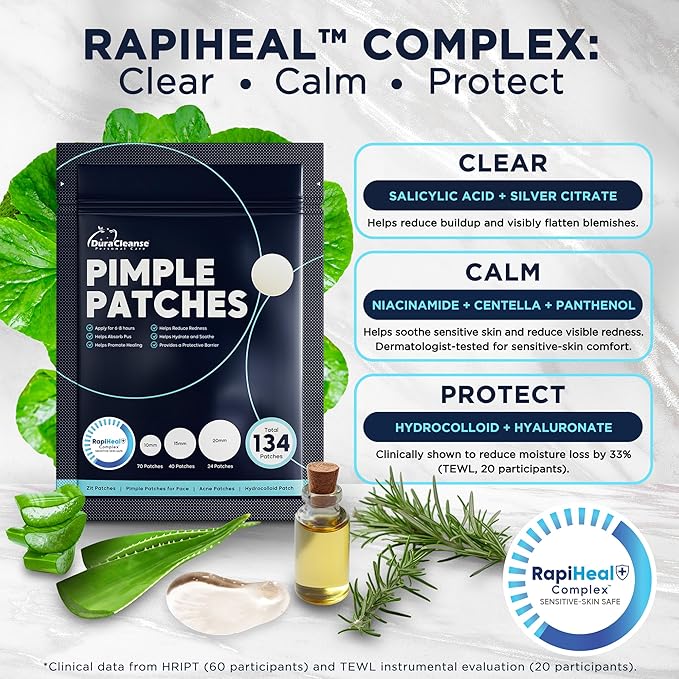 Pimple Patches for Face - 134 Count Hydrocolloid Acne Patches - Zit, Blemish, Cystic Acne Dots & Dark Spot Treatment - Invisible Clear Pimple Patch Stickers for Forehead, Chin, Nose, 3 Sizes (S, M, L)