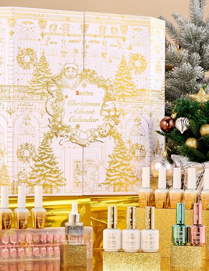 beetles Gel Polish Gilded Boutique Christmas Advent Calendar – 24 Luxury Days of Gel Nail Polish Colors, Premium Gifts Box with Cat Eye Gel, Nail Care Tools & Mini UV Lamp for Women Holiday Gifting