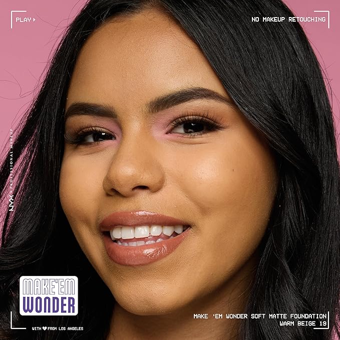 NYX PROFESSIONAL MAKEUP Make 'Em Wonder Liquid Foundation, 24HR Foundation Makeup With A Soft Matte Finish, Buildable Full Coverage - 19 Warm Beige