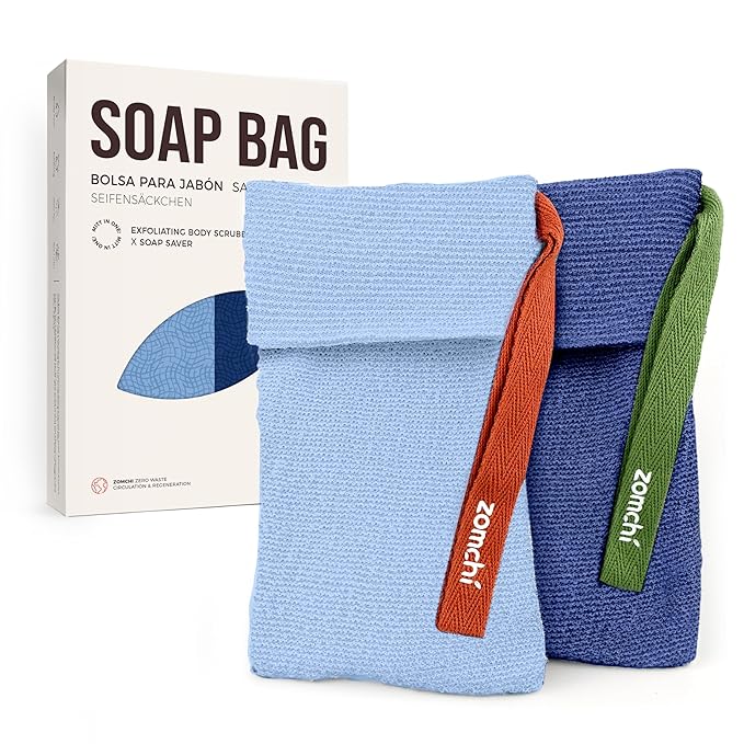 ZOMCHI 2 Pieces Soap Bags for Soap Bars with Different Roughness, Exfoliating Soap Saver Bags, Soap Pouch for Body Wash (Blue)